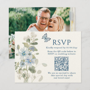 Romantic Blue Floral RSVP QR Code Photo Wedding Card