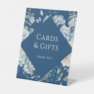 Romantic Blue Floral Wedding Cards and Gifts Pedestal Sign