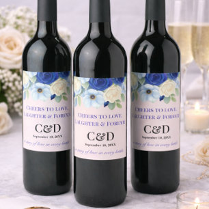 Romantic Blue Floral Wedding Classic Theme Wine Label