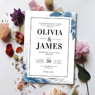 Romantic Blue Floral Wedding, Elegant Wedding Invitation