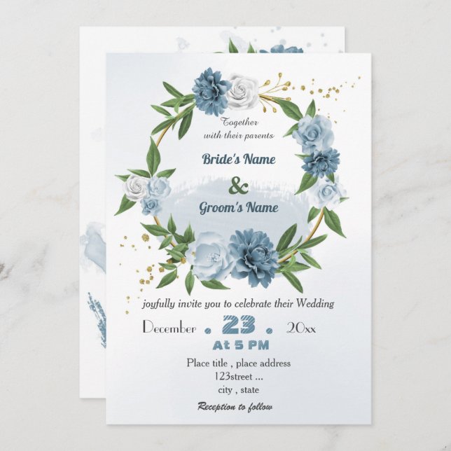romantic blue floral wreath wedding invitation (Front/Back)