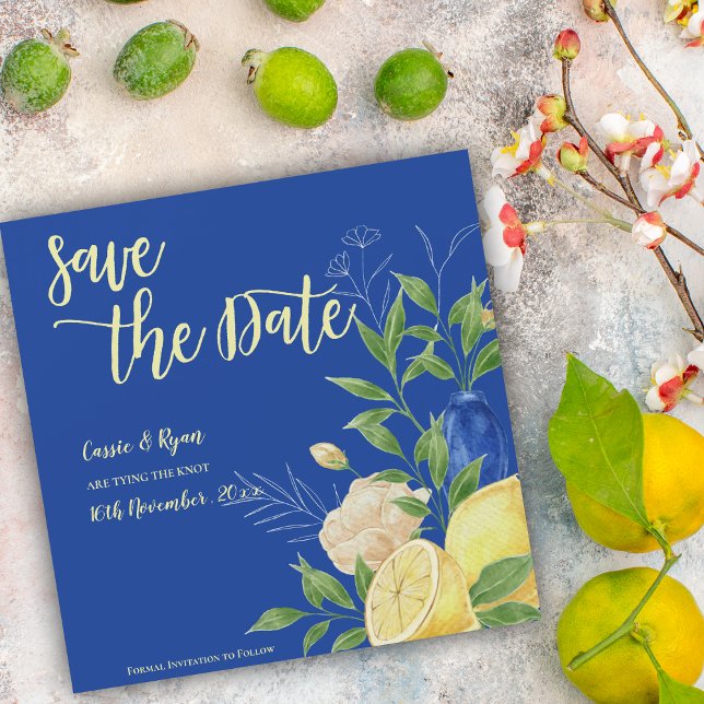 Romantic Blue Florals & Lemon Save the Date (Romantic Blue Florals & Lemon Save the Date Invitation)