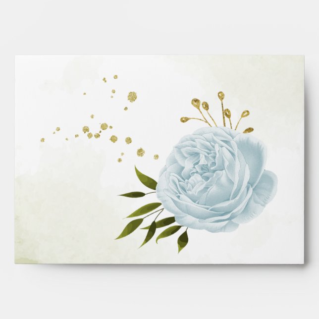 Romantic blue flower green leaves wedding envelope (Front)