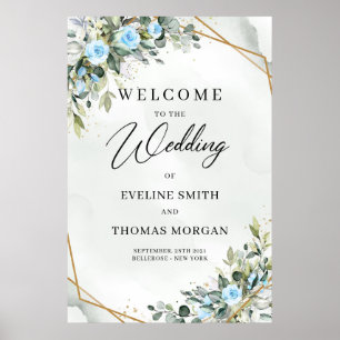 Romantic Blue flowers and eucalyptus gold wedding Poster