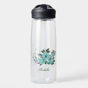 romantic blue flowers and green leaves water bottle