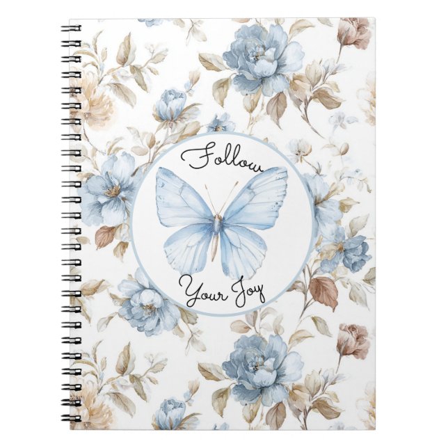 Romantic Blue Flowers Brown Leaves Butterfly Notebook (Front)