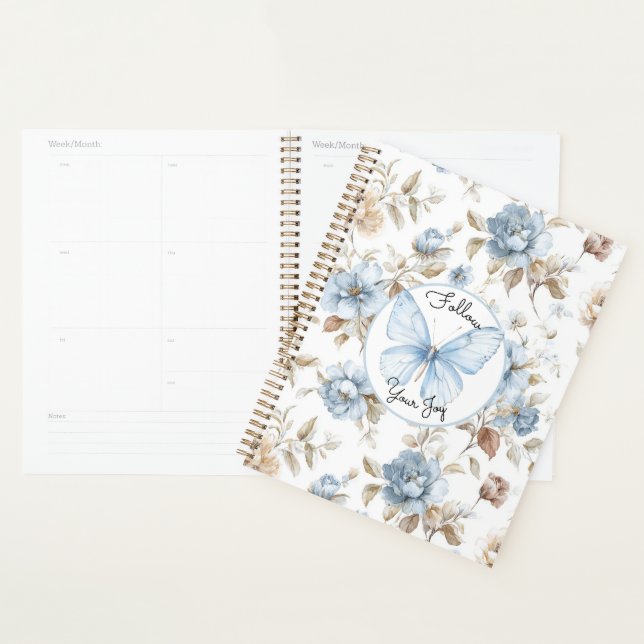 Romantic Blue Flowers Brown Leaves Butterfly Planner (Display)