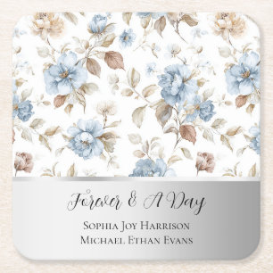Romantic Blue Flowers Brown Leaves Silver Wedding Square Paper Coaster