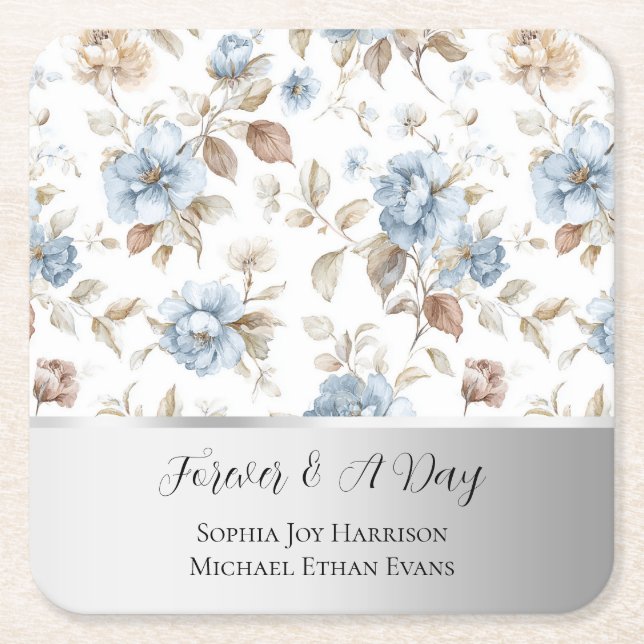 Romantic Blue Flowers Brown Leaves Silver Wedding  Square Paper Coaster (Front)