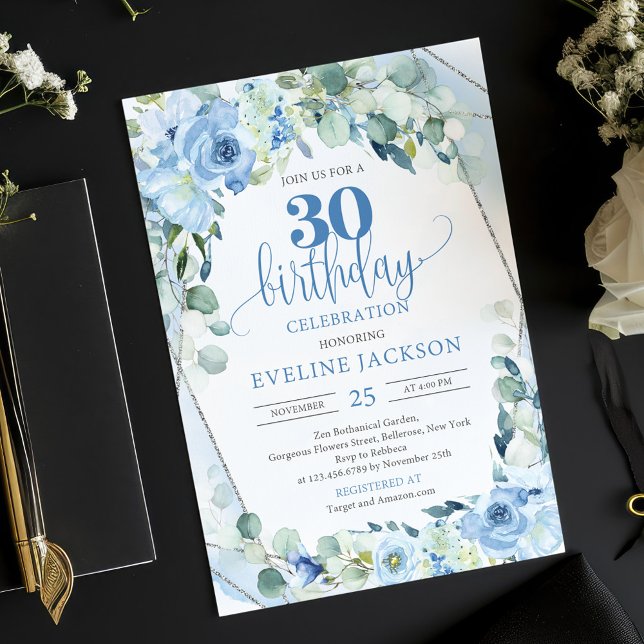 Romantic blue flowers eucalyptus and silver 30th invitation (30th birthday invitation with watercolor blue flowers eucalyptus and silver frame)