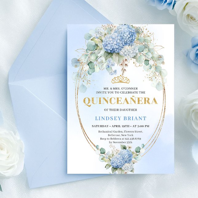 Romantic Blue Flowers Gold 15th Birthday Invite (Romantic Blue Flowers Gold 15th Birthday Invitation)