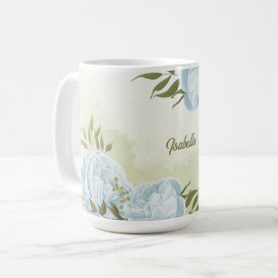 romantic blue flowers & green leaves botanical coffee mug