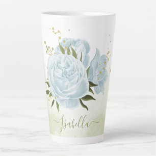 romantic blue flowers & green leaves botanical latte mug