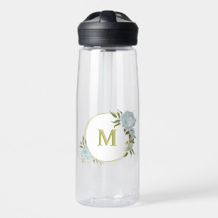 romantic blue flowers  & green leaves botanical water bottle