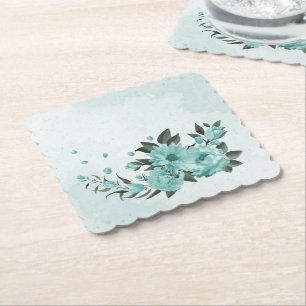 romantic  blue flowers & green leaves paper coaster