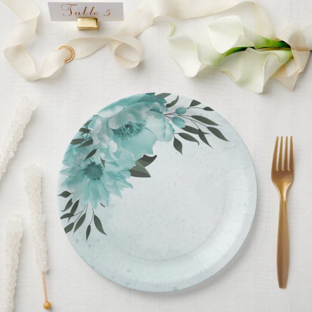 romantic  blue flowers & green leaves  paper plate (Wedding)