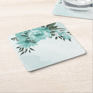 romantic blue flowers & green leaves square paper coaster