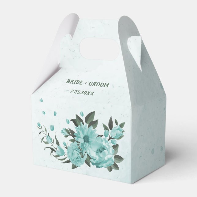 romantic  blue flowers & green leaves wedding favour box (Front Side)