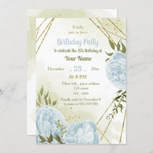romantic blue flowers greenery birthday party invitation