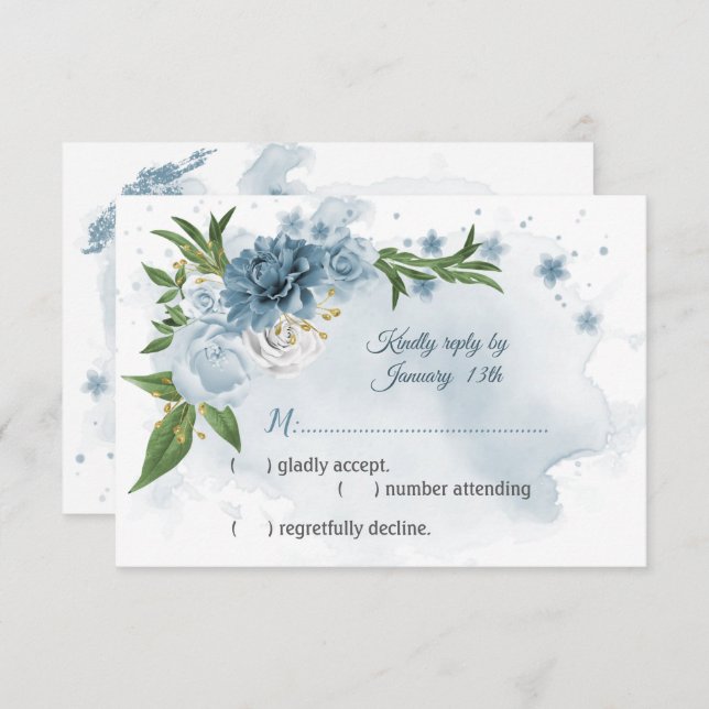 romantic blue flowers greenery botanical RSVP card (Front/Back)