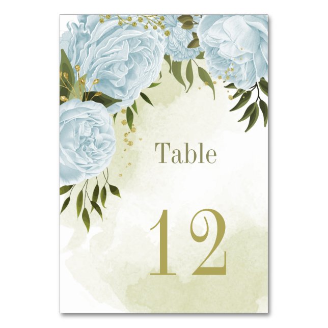 Romantic blue flowers greenery botanical table number (Front)