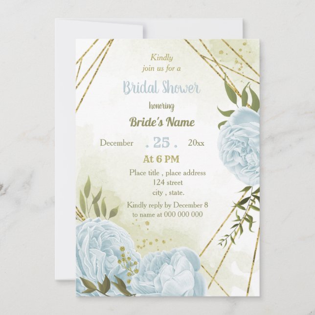 romantic blue flowers greenery bridal shower invitation (Front)