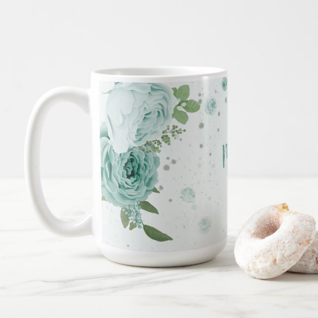 romantic blue flowers greenery coffee mug (With Donut)