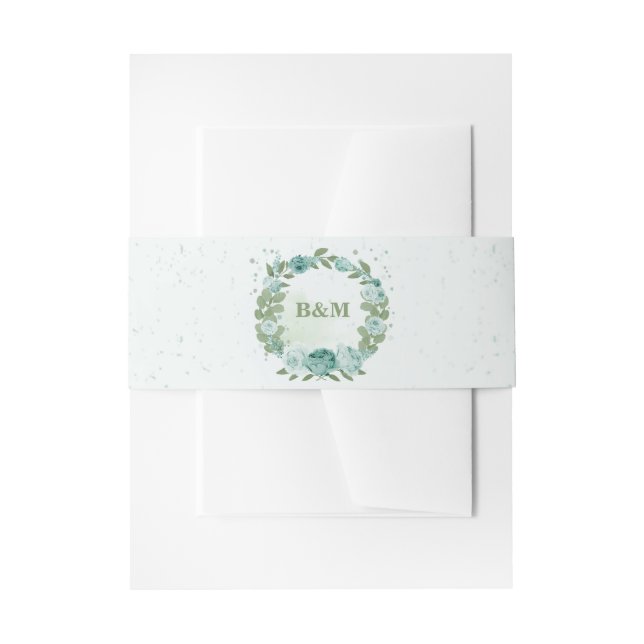 romantic blue flowers greenery wedding invitation belly band (Front Example)