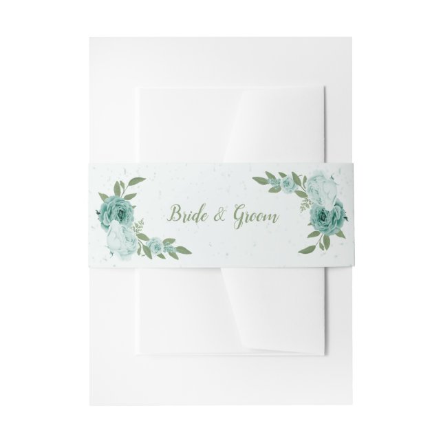 romantic blue flowers greenery wedding invitation belly band (Front Example)