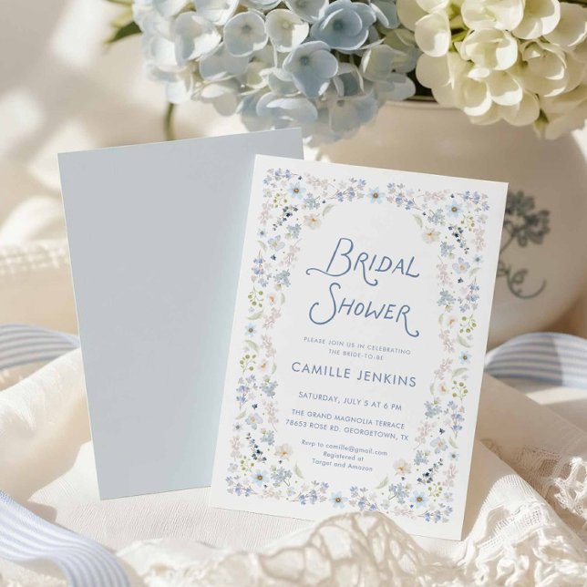 Romantic Blue Garden Bridal Shower Invitation (Elegant Garden Blue Floral Bridal Shower Invitation)