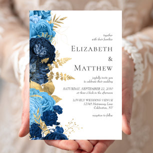 Romantic Blue Gold Floral Wedding Invitation