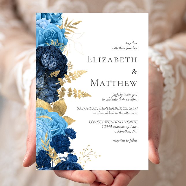 Romantic Blue Gold Floral Wedding Invitation (Creator Uploaded)