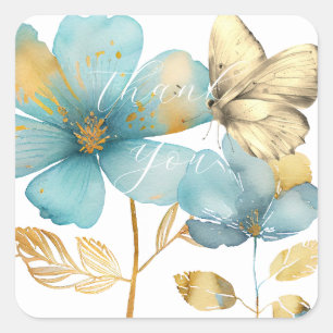 Romantic blue golden flowers thank you square sticker