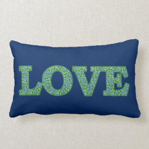 Romantic Blue Green Periwinkles Floral LOVE design Lumbar Cushion