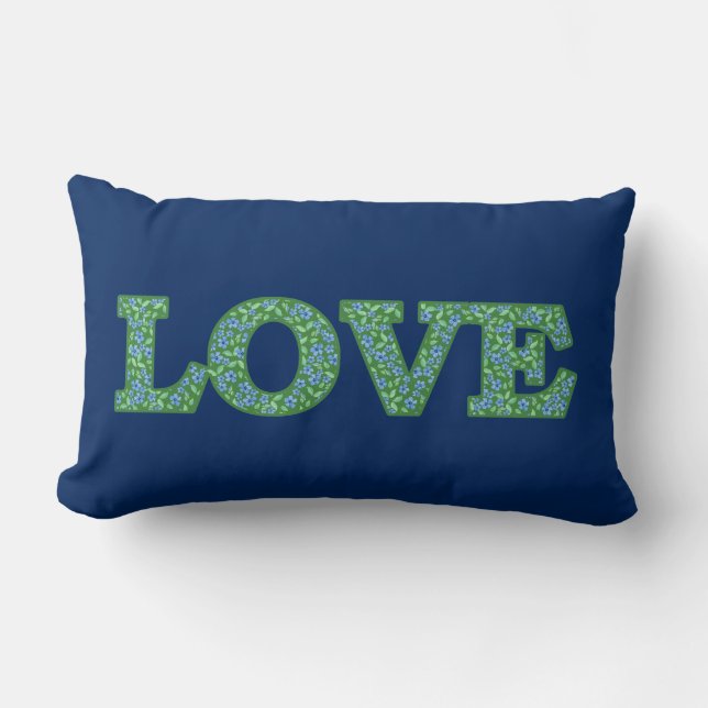 Romantic Blue Green Periwinkles Floral LOVE design Lumbar Cushion (Front)