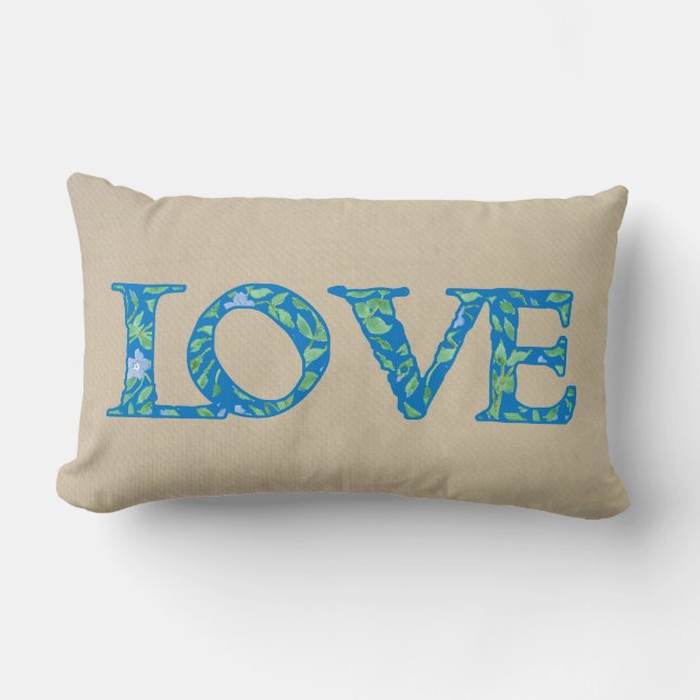 Romantic Blue Green Periwinkles Floral LOVE design Lumbar Cushion (Front)