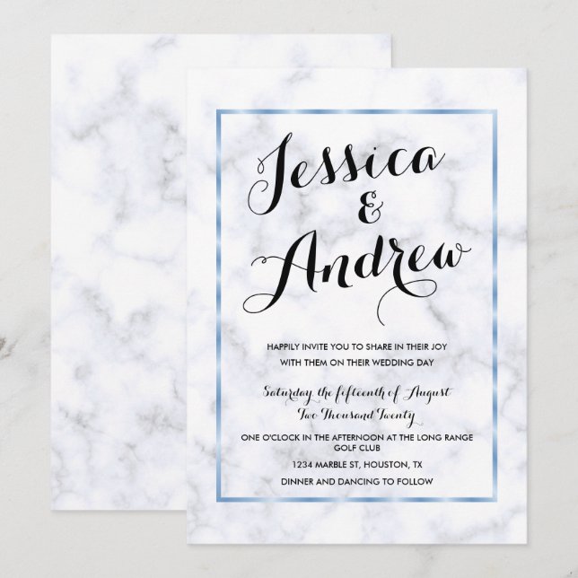 Romantic Blue Marble Wedding Invitation (Front/Back)