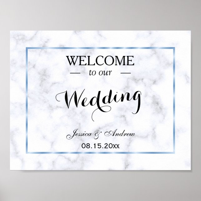 Romantic Blue Marble Wedding Poster (Front)
