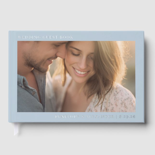 Romantic Blue Minimalist Photo Guest Book (Front)