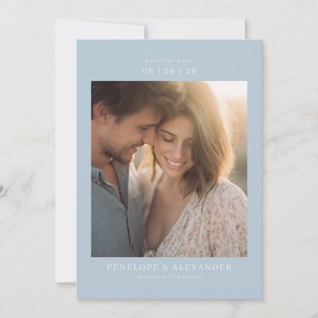 Romantic Blue Minimalist Photo Save The Date (Front)