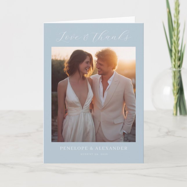 Romantic Blue Minimalist Photo Thank You Card (Front)