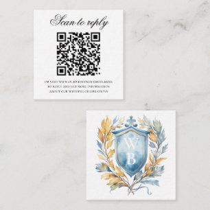 Romantic Blue Monogram Crest Wedding QR Code Enclosure Card