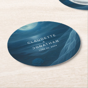 Romantic Blue Moonlit Beach Custom Names Wedding Round Paper Coaster