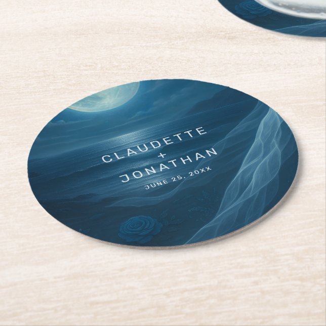 Romantic Blue Moonlit Beach Custom Names Wedding Round Paper Coaster (Angled)