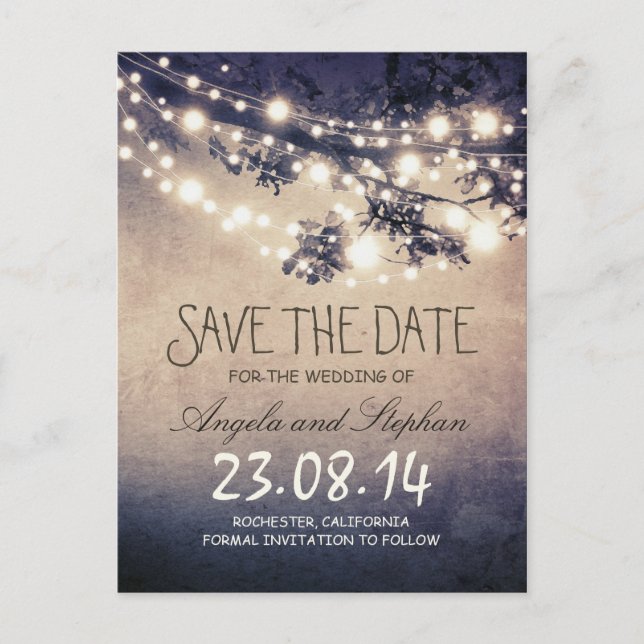 romantic blue night lights rustic save the date announcement postcard (Front)