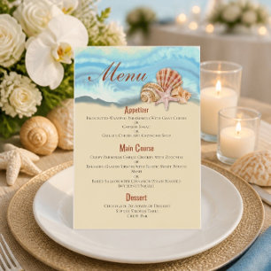 Romantic Blue Ocean Wave and Seashells Wedding Menu