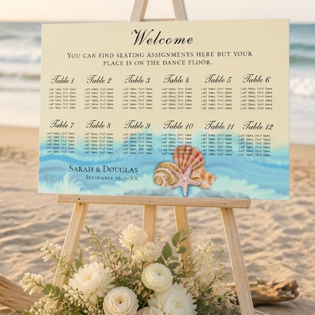 Romantic Blue Ocean Wave & Seashells Seating Chart (Creator Uploaded)