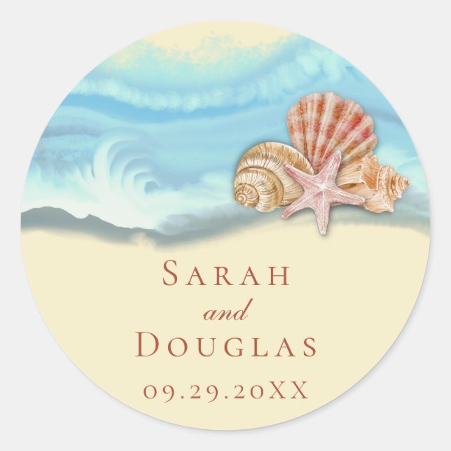 Romantic Blue Ocean Wave & Seashells Wedding Classic Round Sticker (Front)