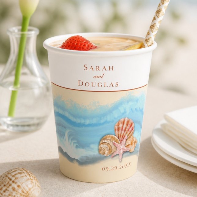Romantic Blue Ocean Wave & Seashells Wedding Paper Cups (Creator Uploaded)