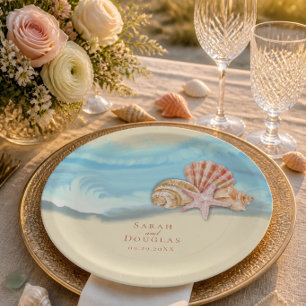 Romantic Blue Ocean Wave & Seashells Wedding Paper Plate